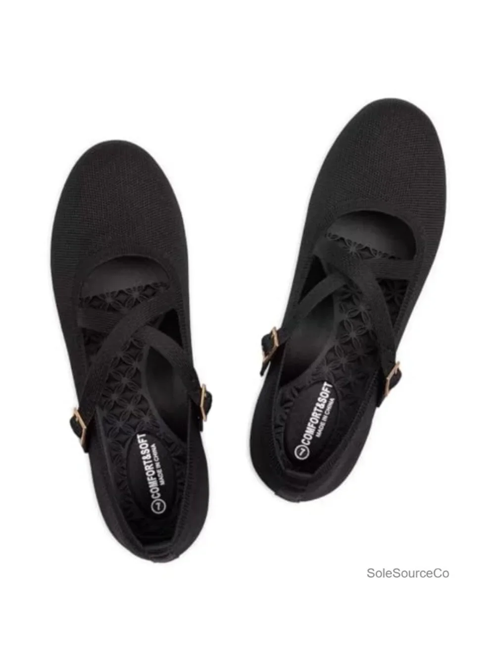 Women's Knit Mary Jane Flats with Adjustable Strap & Arch Support